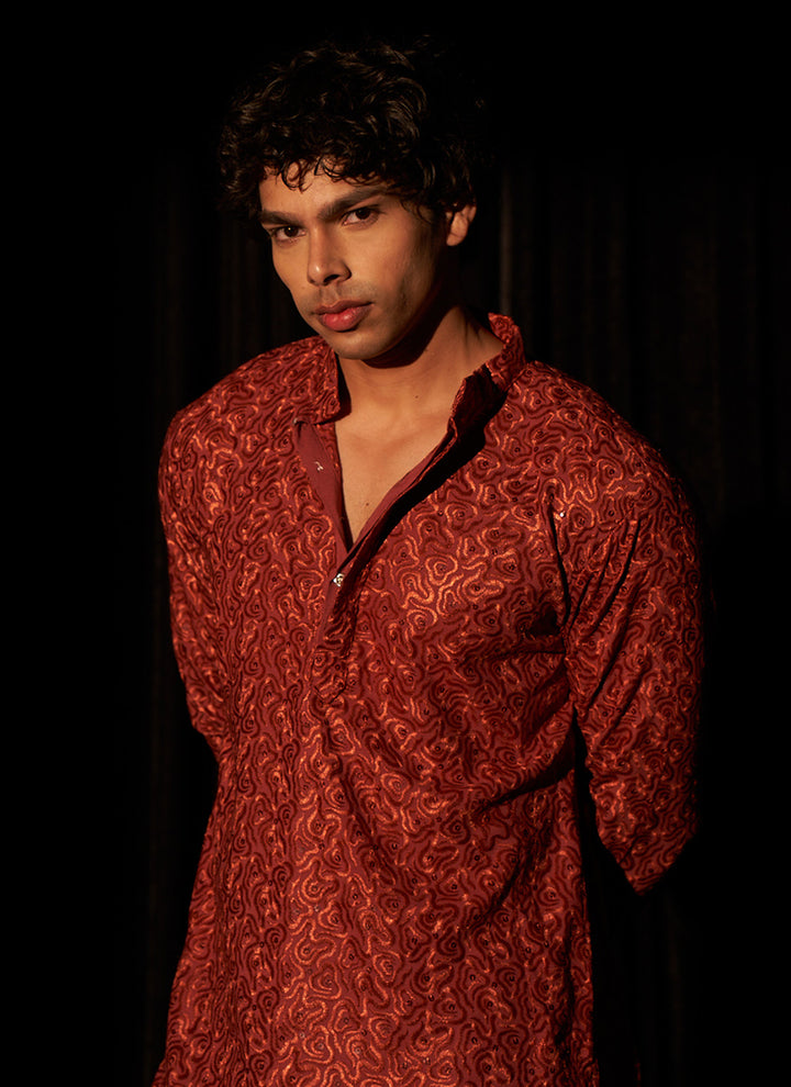 Viscose Berry Red Eid Wear Chikankari Embroidery Readymade Kurta Pajama