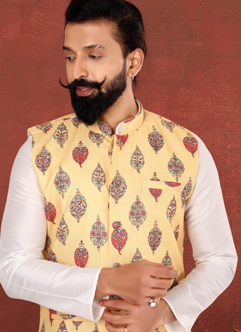 Cotton Print Biege Festival Wear Embroidery Work Readymade Men's Waist Coat