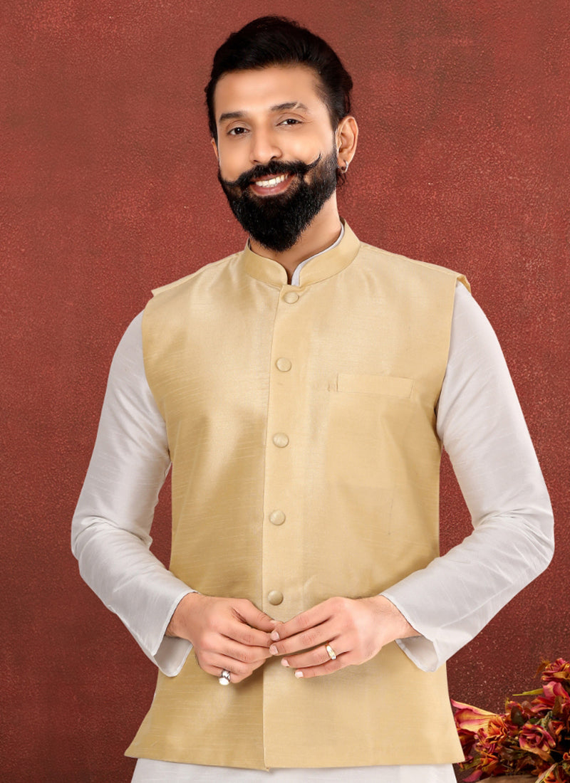 Dhupion Silk Biege Festival Wear Embroidery Work Readymade Men's Waist Coat