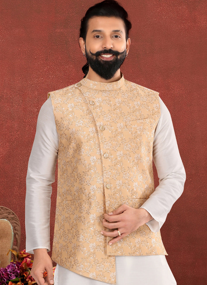 Jacquard Silk Biege Festival Wear Embroidery Work Readymade Men's Waist Coat