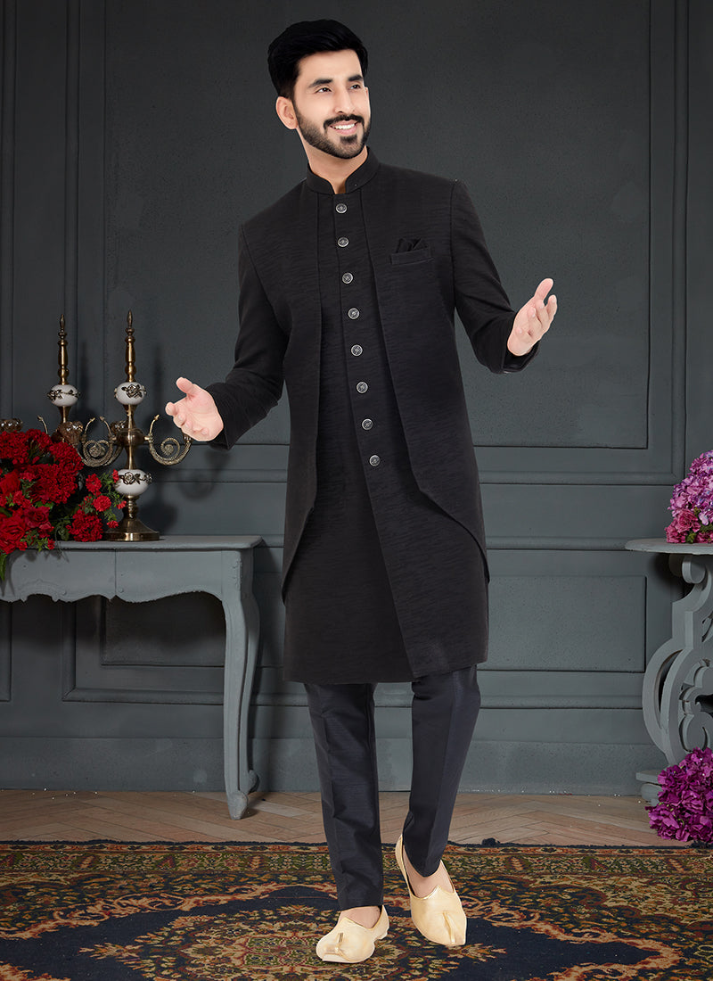 Black  Jecquard Traditional Wear Weaving Italian Indo Western