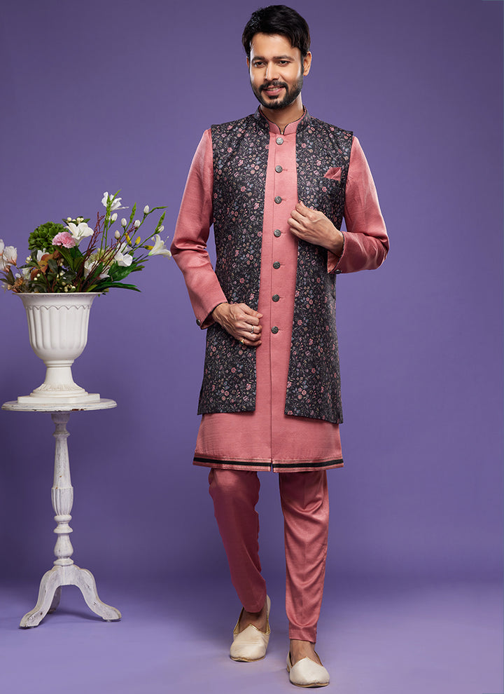 Black Art Banarasi Silk Festival Wear Digital Printed Kurta Pajama With Jacket