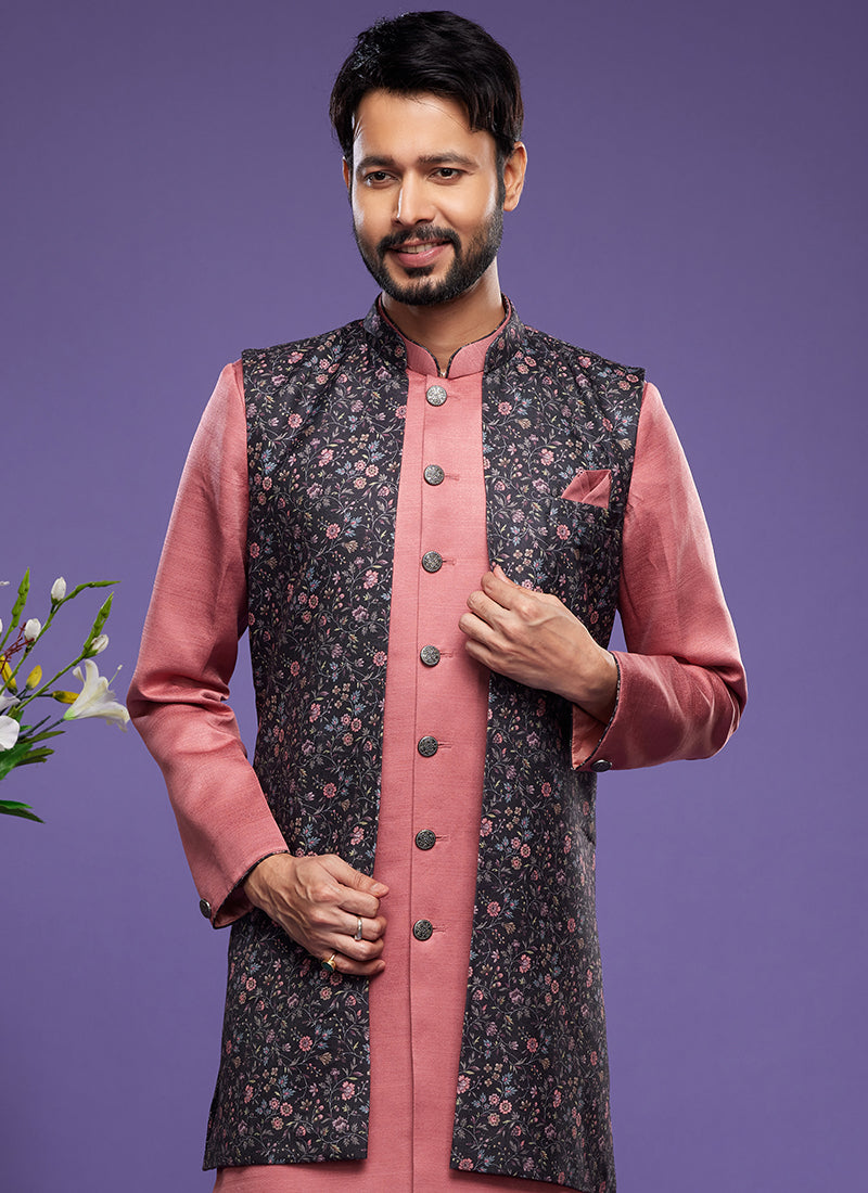 Black Art Banarasi Silk Festival Wear Digital Printed Kurta Pajama With Jacket