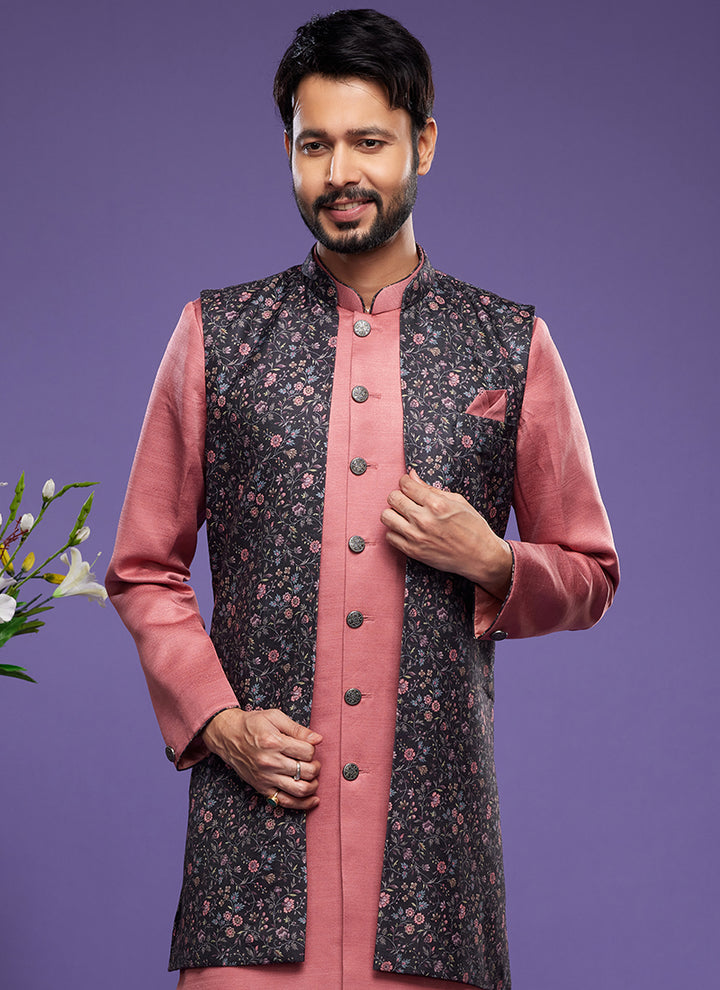 Black Art Banarasi Silk Festival Wear Digital Printed Kurta Pajama With Jacket