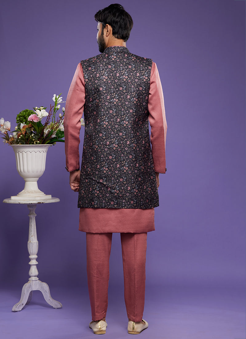 Black Art Banarasi Silk Festival Wear Digital Printed Kurta Pajama With Jacket