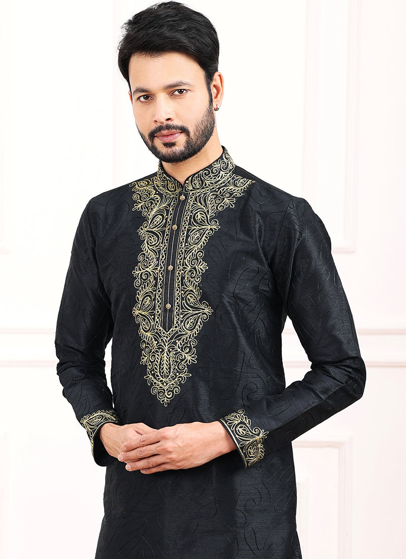 Black Art Banarasi Silk Festival Wear Thread Work Kurta Pajama