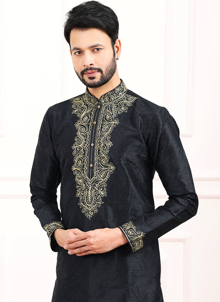 Black Art Banarasi Silk Festival Wear Thread Work Kurta Pajama
