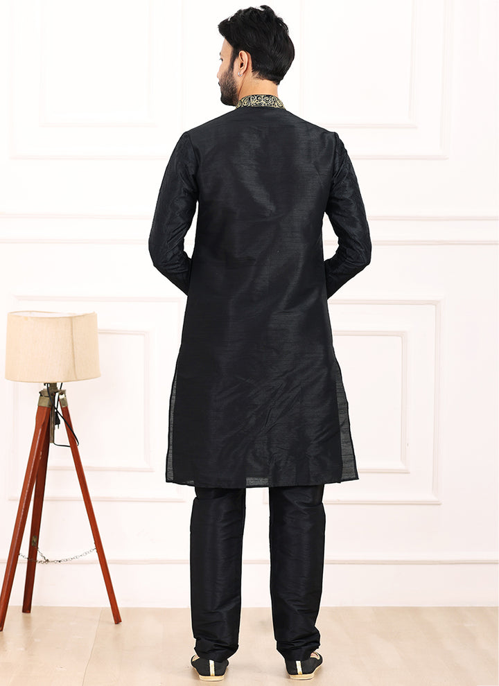 Black Art Banarasi Silk Festival Wear Thread Work Kurta Pajama
