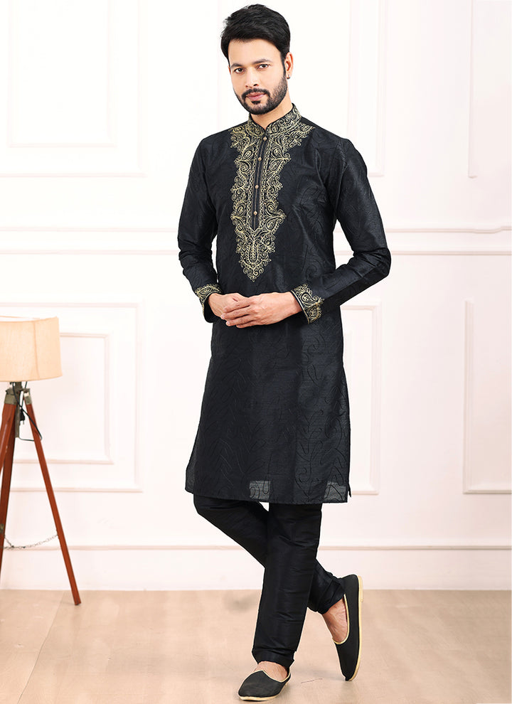 Black Art Banarasi Silk Festival Wear Thread Work Kurta Pajama