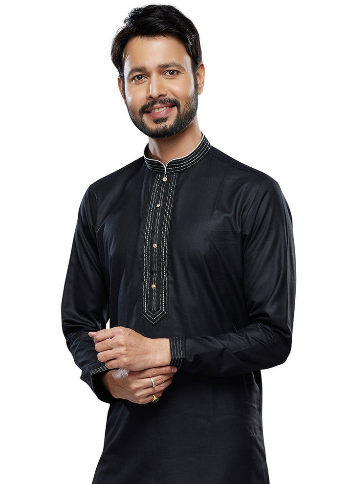 Black Art Silk Party Wear Thread Work Readymade Mens Kurta Pajama