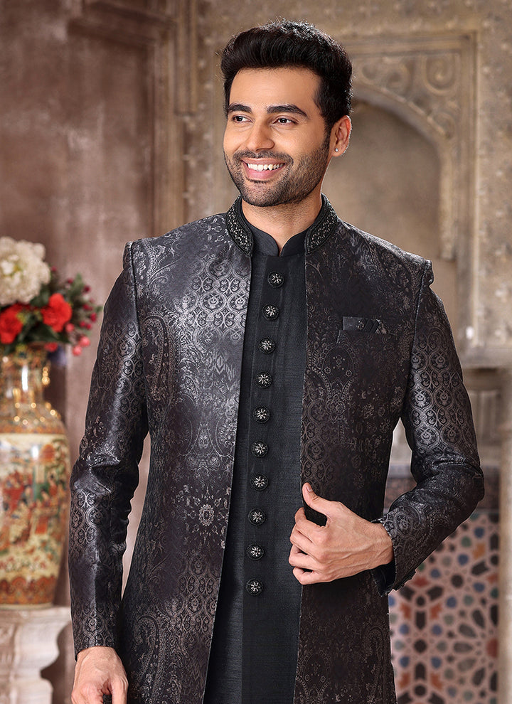 Black Art Silk Wedding Wear Thread Work Mens Indo Western