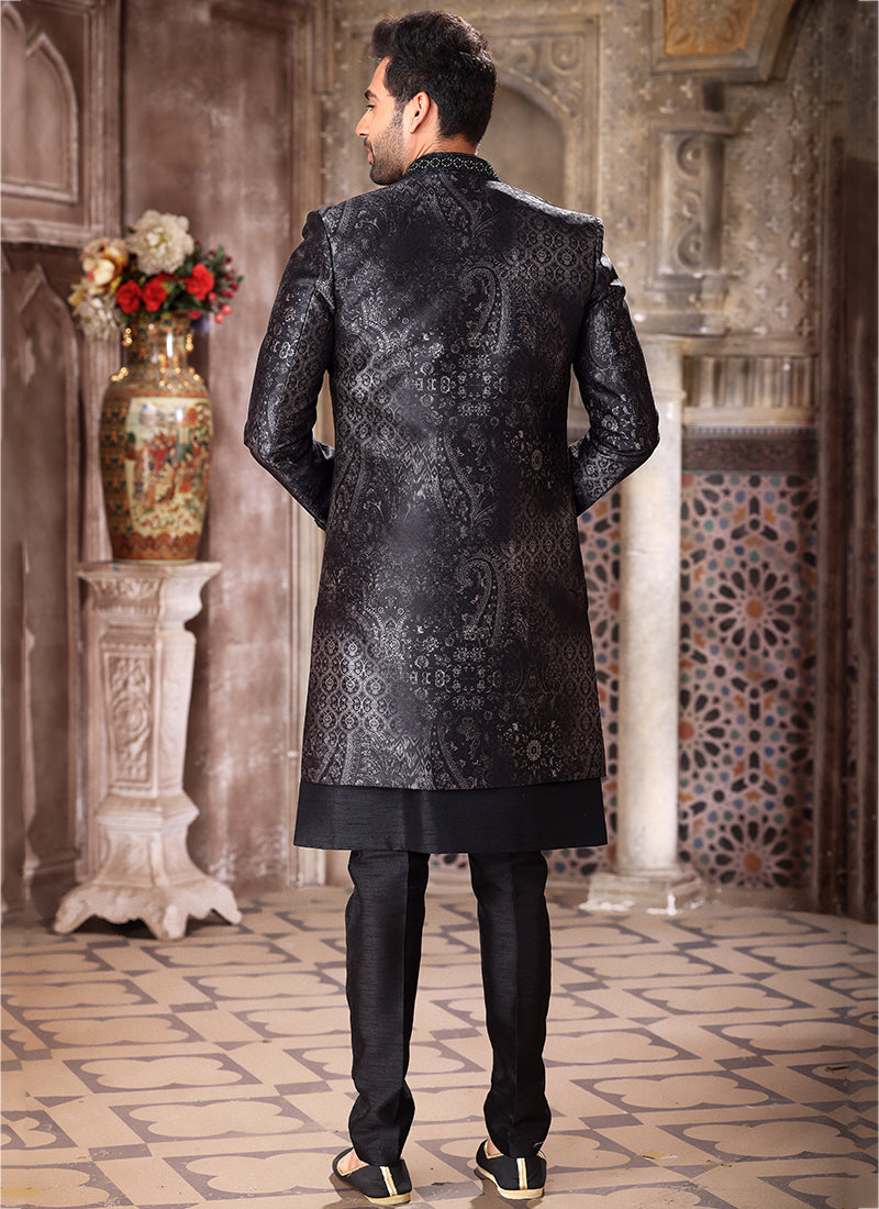 Black Art Silk Wedding Wear Thread Work Mens Indo Western