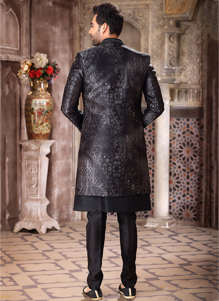 Black Art Silk Wedding Wear Thread Work Mens Indo Western