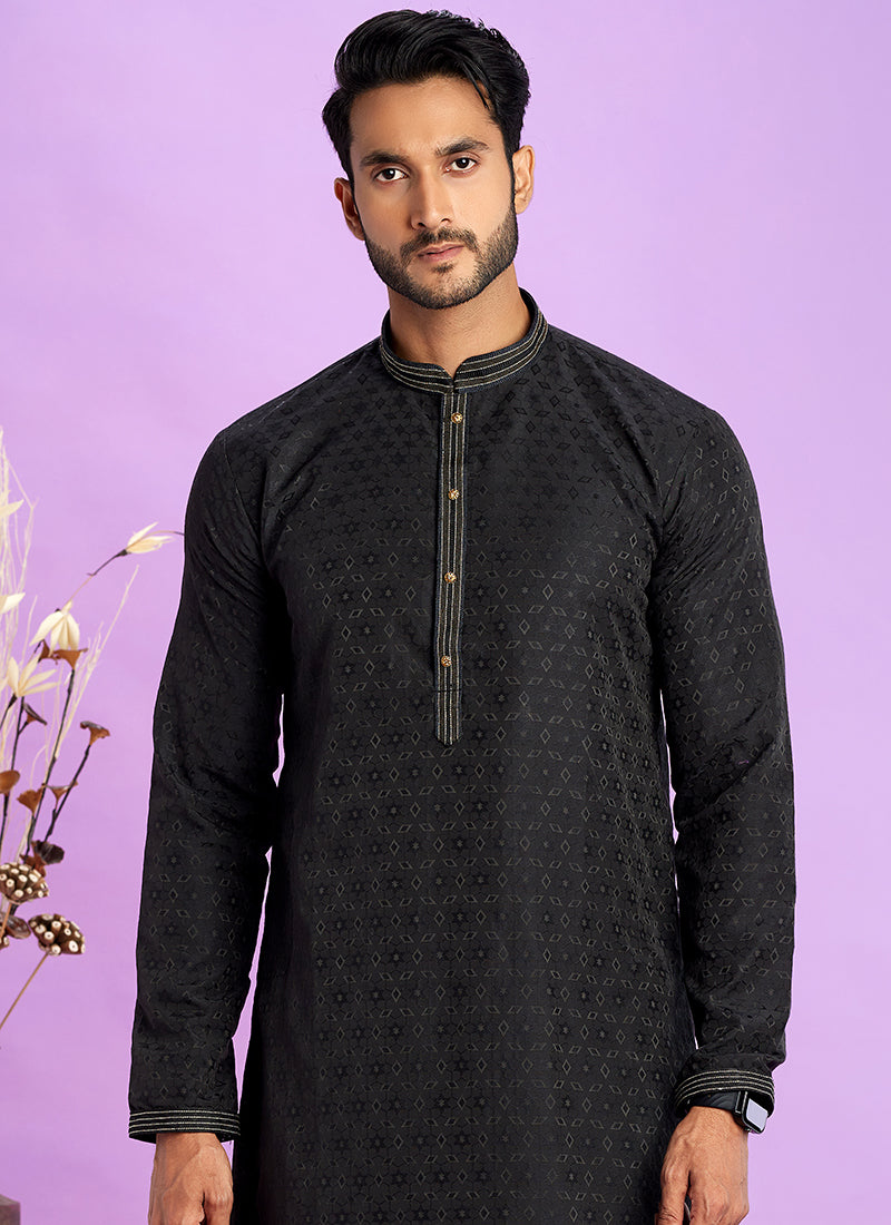 Art Silk Black Festival Wear Jacquard Kurta Pajama