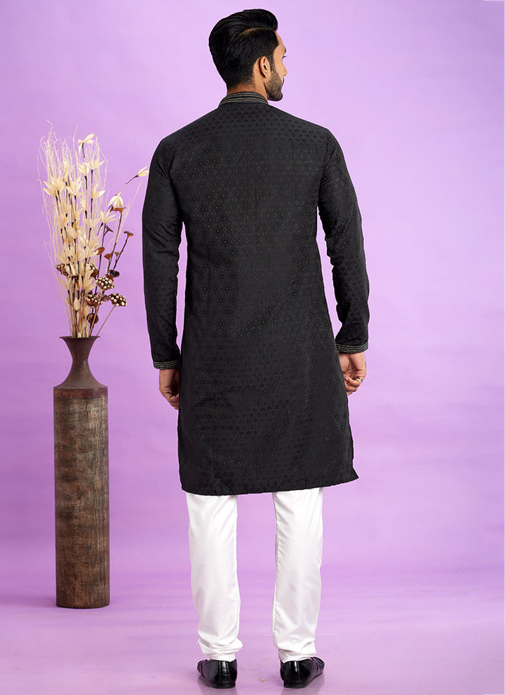Art Silk Black Festival Wear Jacquard Kurta Pajama