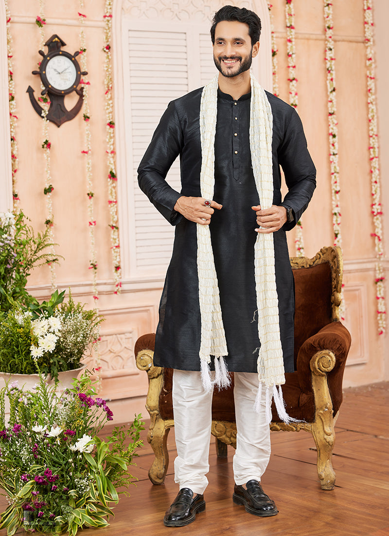 Art Silk Black Festival Wear Plain Readymade Kurta Pajama