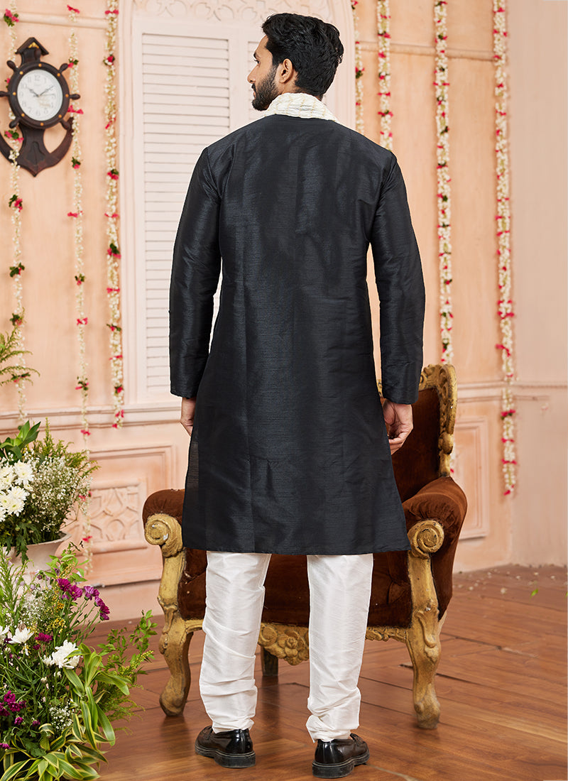 Art Silk Black Festival Wear Plain Readymade Kurta Pajama