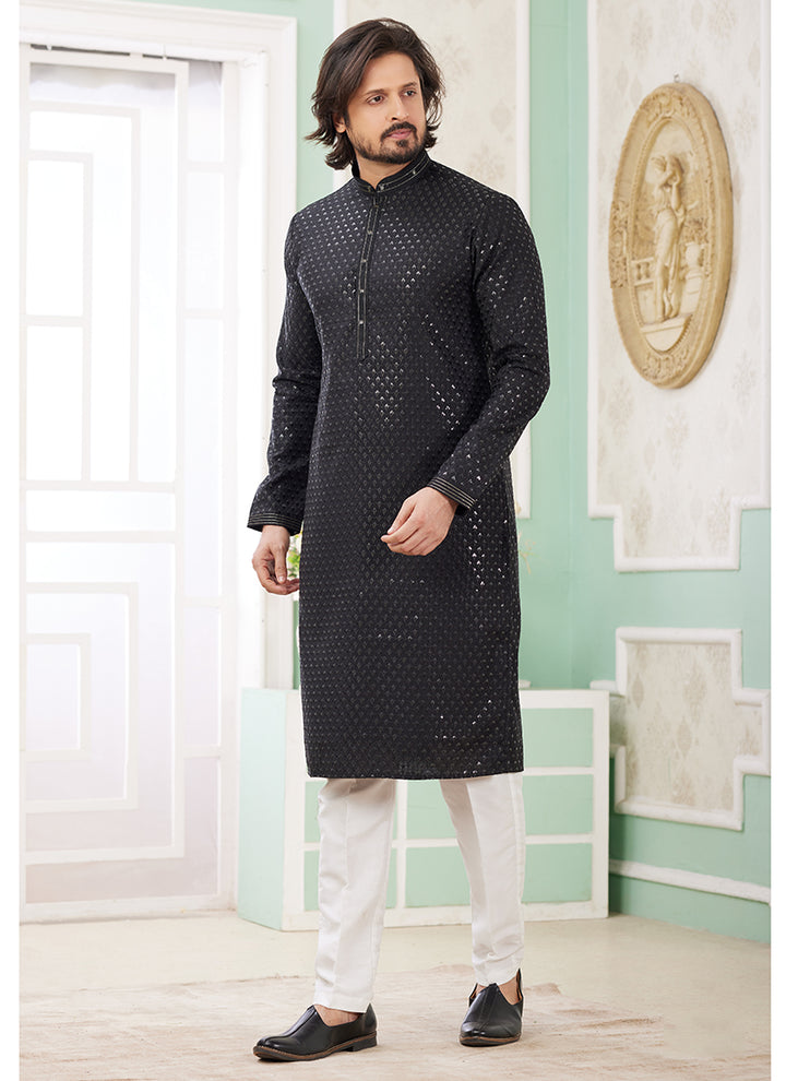 Art Silk Black Festival Wear Thread Work Readymade Kurta Pajama