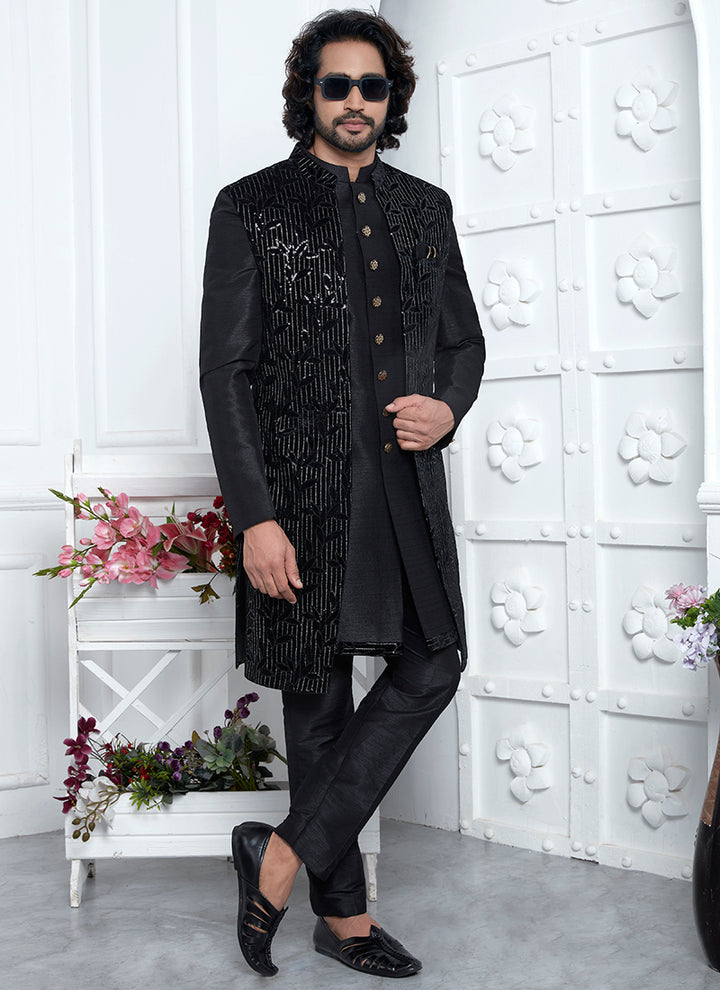 Art Silk Black Wedding Wear Pattern Pc Readymade Sherwani