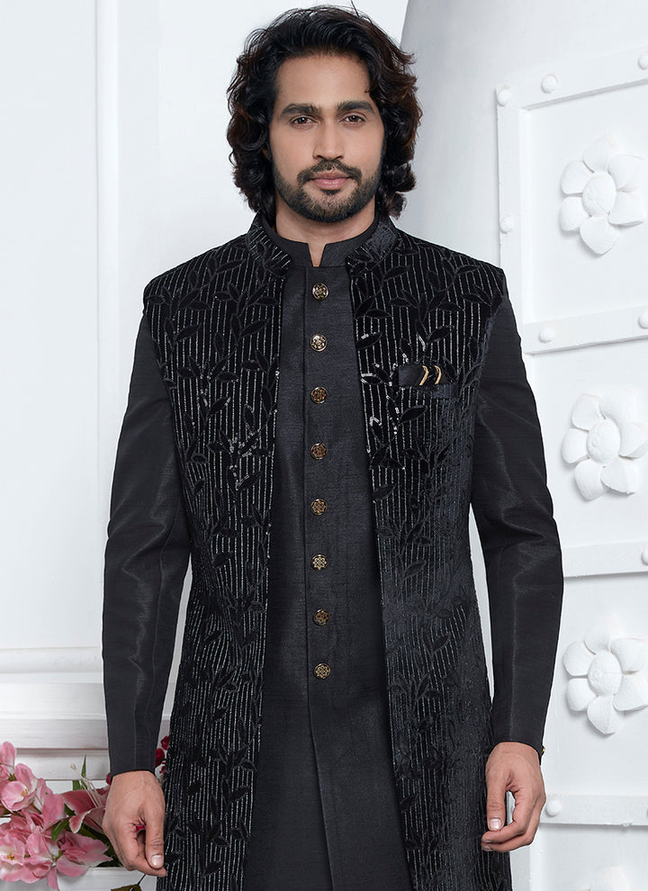 Art Silk Black Wedding Wear Pattern Pc Readymade Sherwani