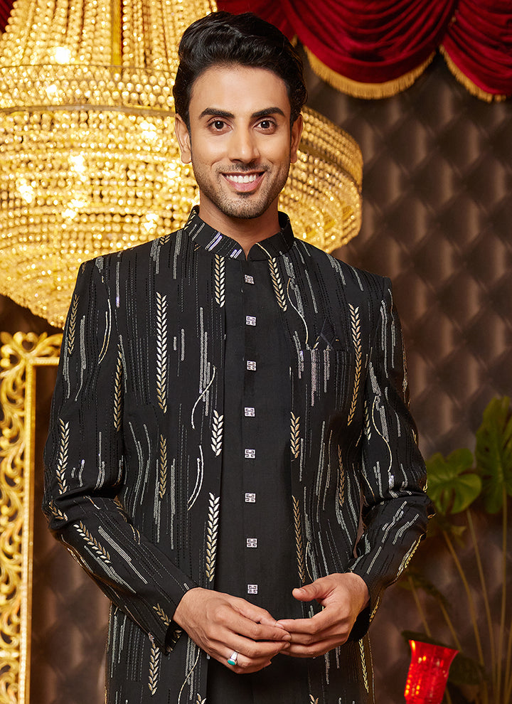Art Silk Black Wedding Wear Thread Work Readymade Indo Western Sherwani