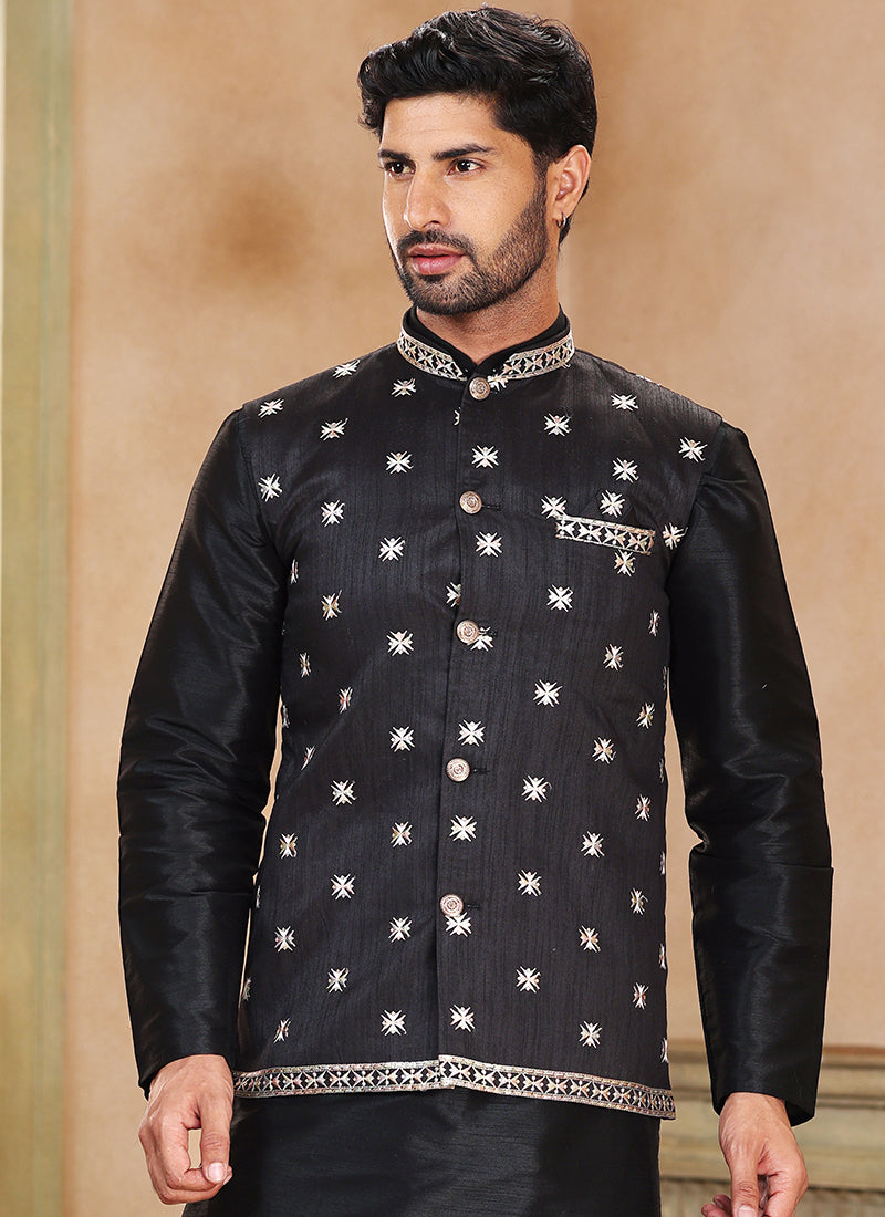Black Banarasi Silk Traditional Wear Weaving Kurta Pajama With Jacket