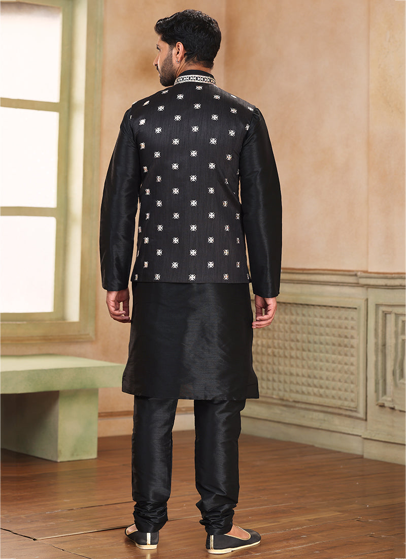 Black Banarasi Silk Traditional Wear Weaving Kurta Pajama With Jacket