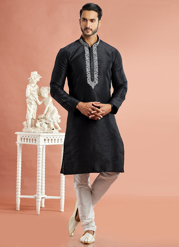 Banarasi Art Silk Black Festival Wear Machine Work Readymade Kurta Pajama