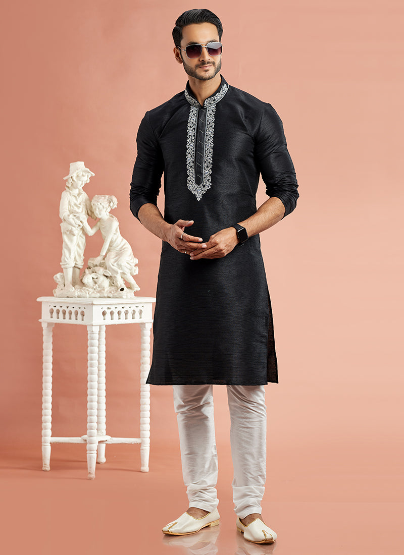 Banarasi Art Silk Black Festival Wear Machine Work Readymade Kurta Pajama