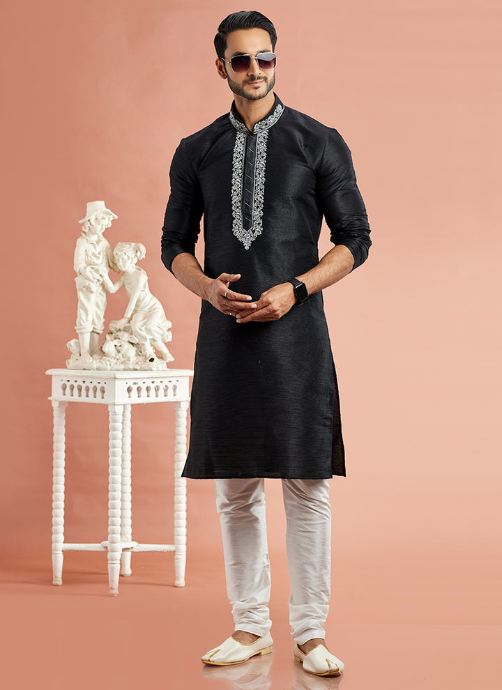 Banarasi Art Silk Black Festival Wear Machine Work Readymade Kurta Pajama