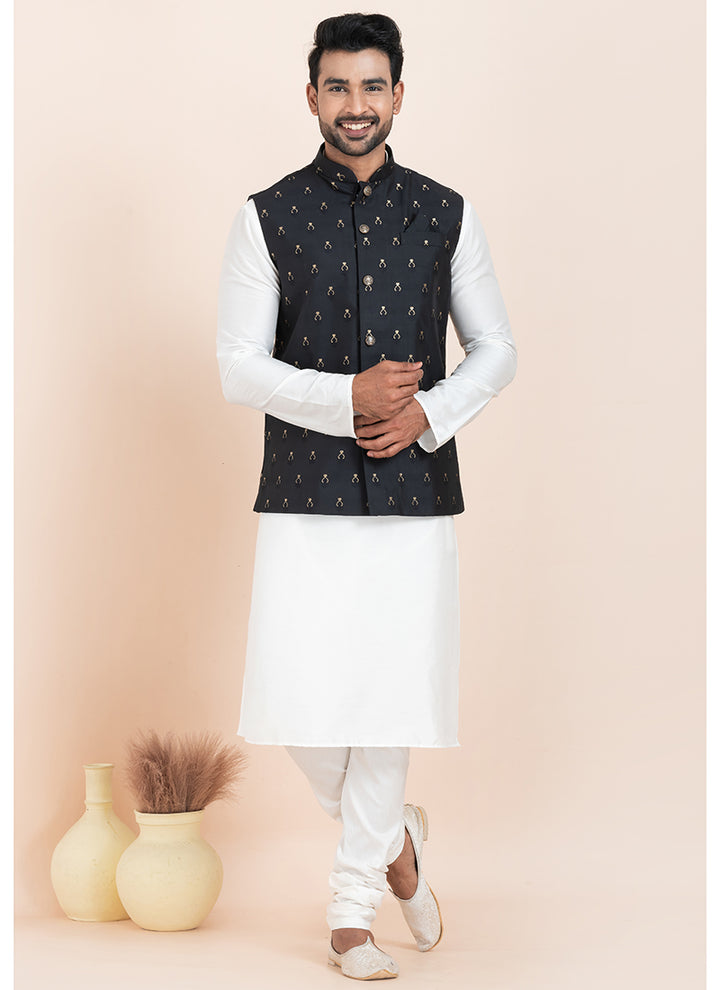 Banarasi Silk Black Festival Wear Jacquard Work Readymade Modi Jacket Kurta Pajama