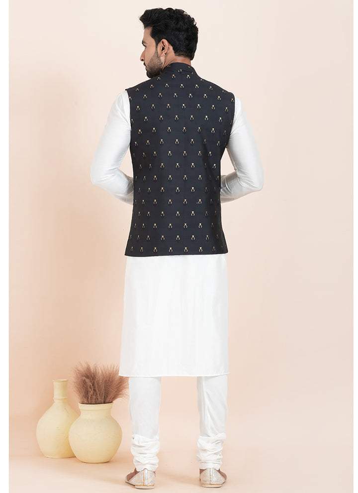 Banarasi Silk Black Festival Wear Jacquard Work Readymade Modi Jacket Kurta Pajama