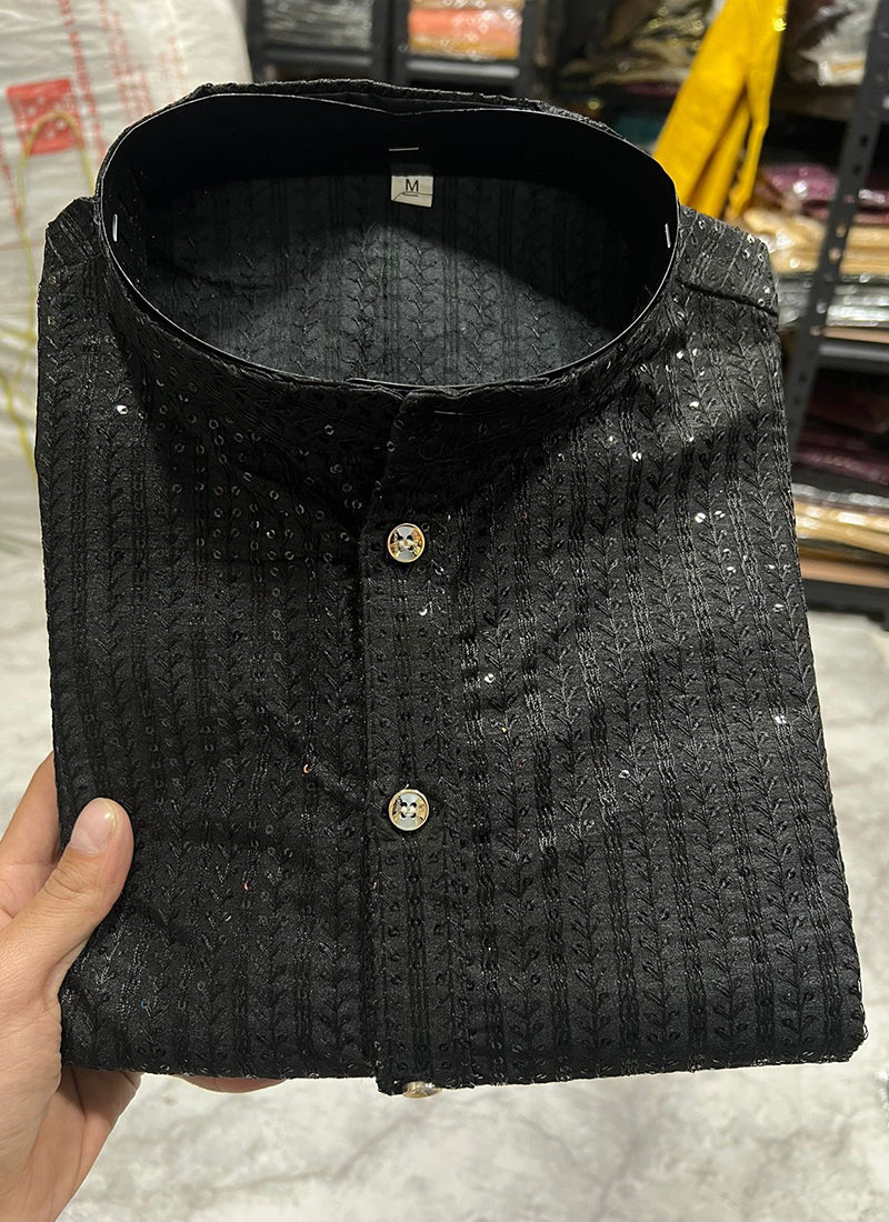 Banglori Silk Black Traditional Wear Embroidery Work Readymade Kurta Pyjama