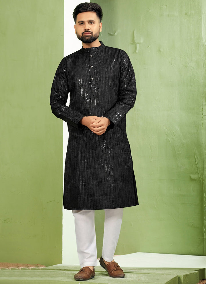 Banglori Silk Black Traditional Wear Embroidery Work Readymade Kurta Pyjama