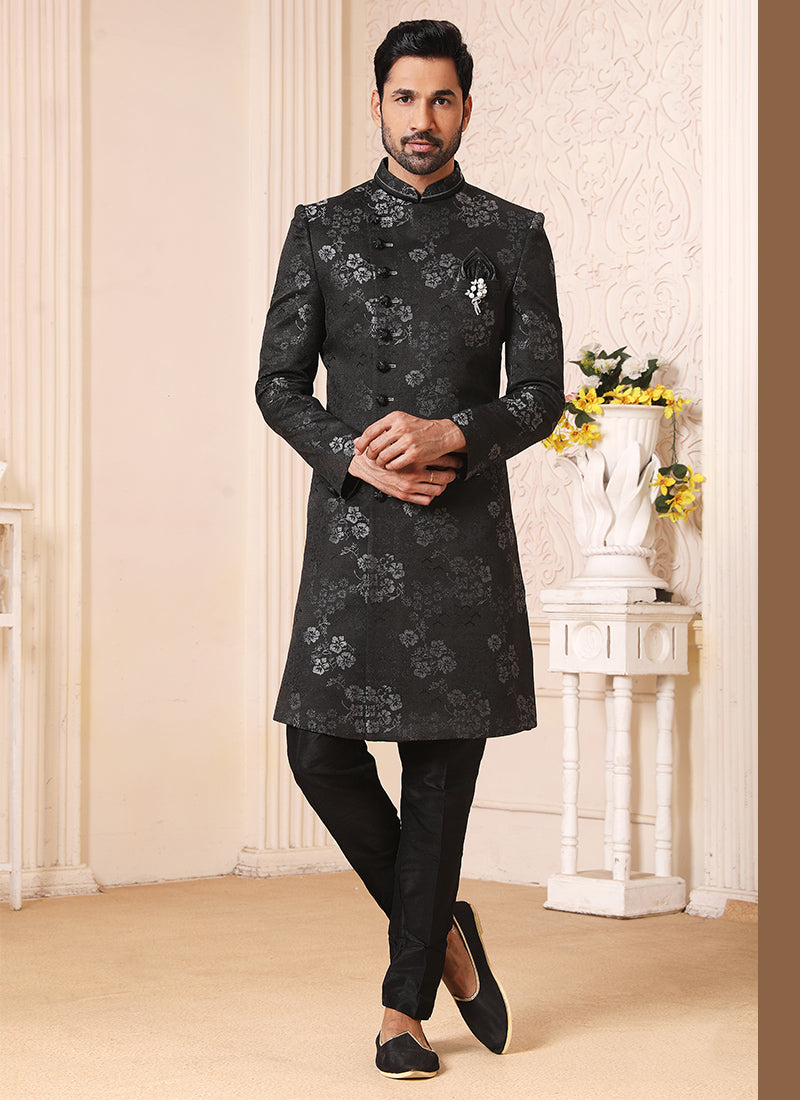 Black Brocade Jacquard Traditional Wear Weaving Nawabi Indo Western