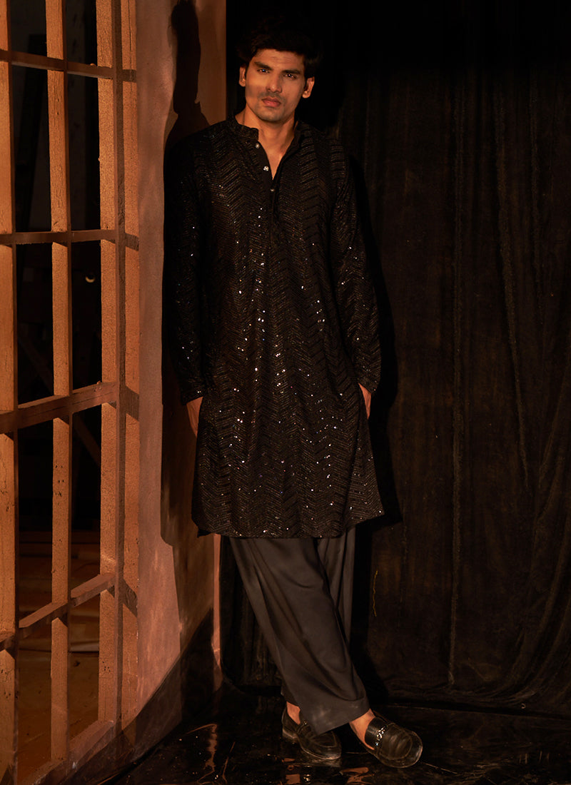 Cotton Black Eid Wear Embroidery Work Readymade Kurta Pajama