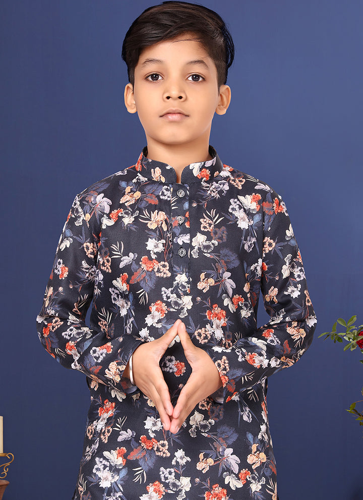 Cotton Black Wedding Wear Digital Printed Readymade Kurta Pajama