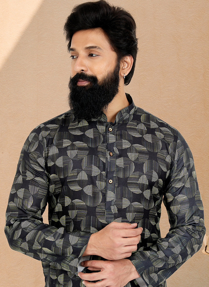 Dhupion Silk Black Festival Wear Printed Readymade Kurta Pajama