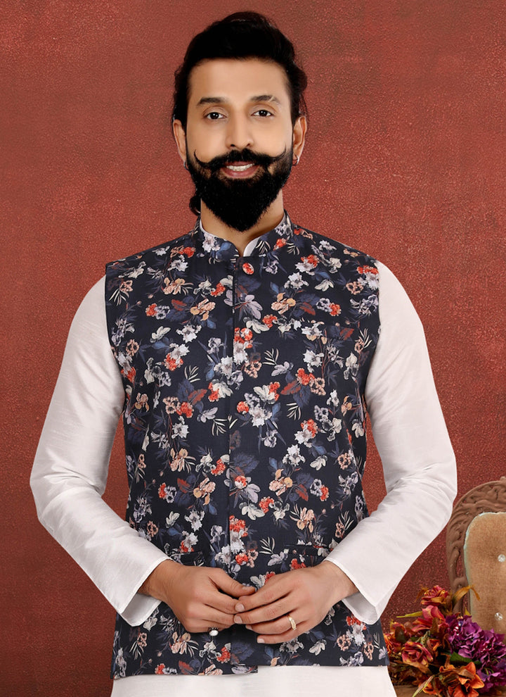 Cotton Print Black Festival Wear Embroidery Work Readymade Men's Waist Coat