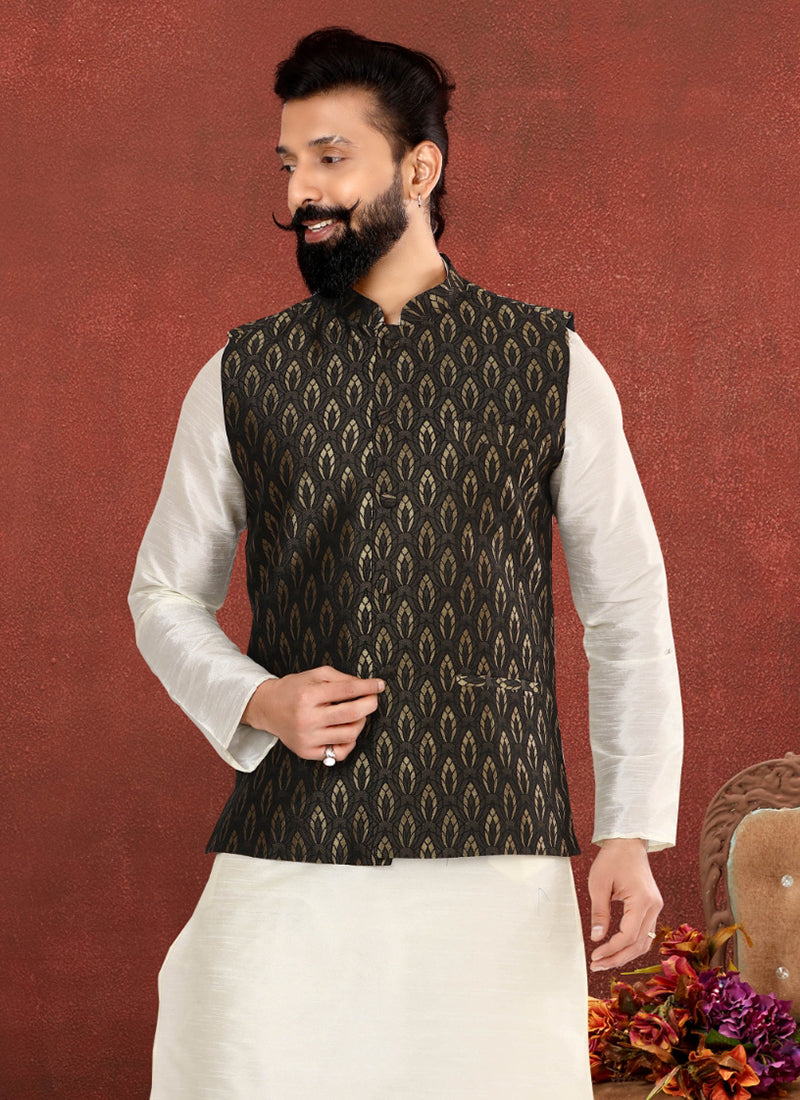 Jacquard Silk Black Festival Wear Embroidery Work Readymade Men's Waist Coat