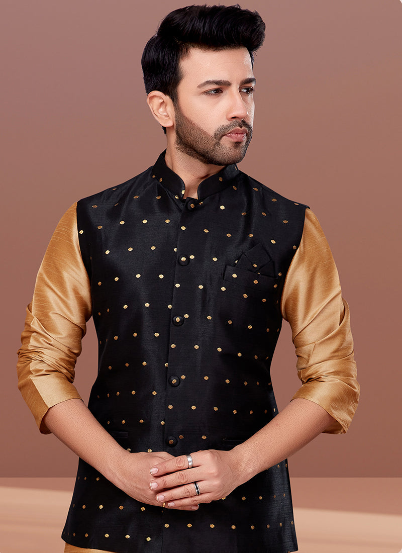 Mulberry Butti Black Festival Wear Embroidery Work Readymade Men's Waist Coat