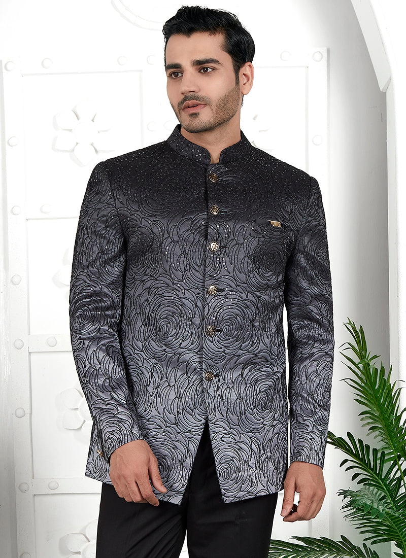 Black Imported Jaquard Silk Party Wear Pattern Pc Work Readymade Mens Jacket