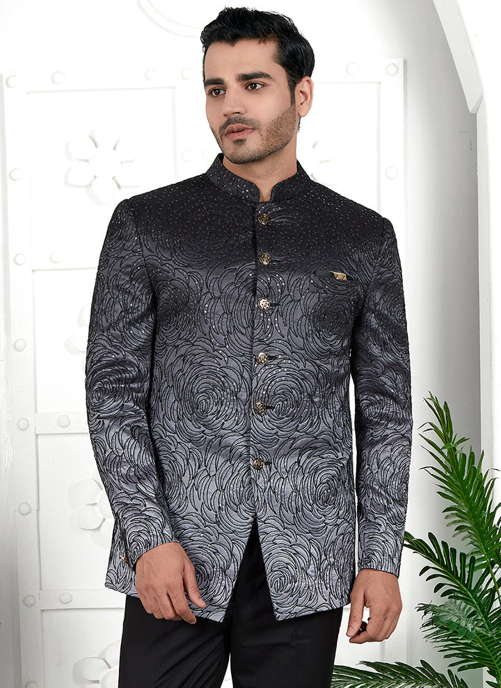 Black Imported Jaquard Silk Party Wear Pattern Pc Work Readymade Mens Jacket
