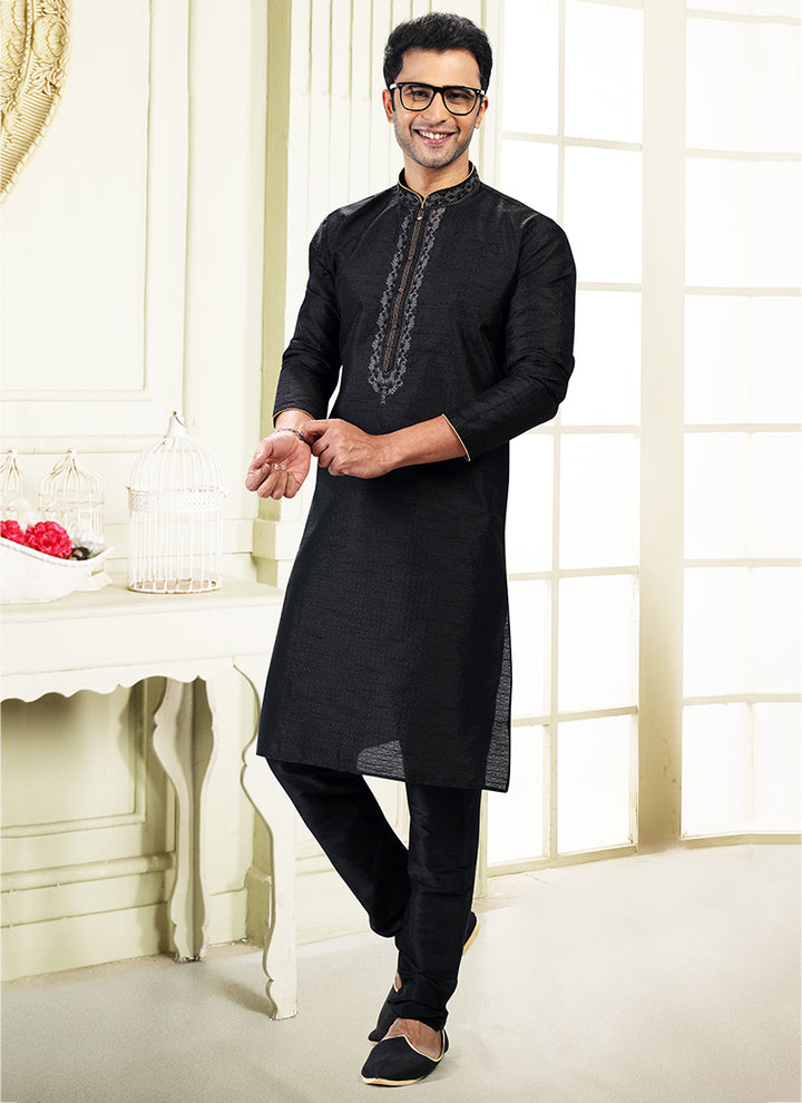 Black Jacquard Banarasi Silk Festival Wear Thread Work Kurta Pajama