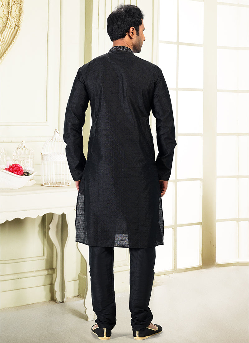 Black Jacquard Banarasi Silk Festival Wear Thread Work Kurta Pajama