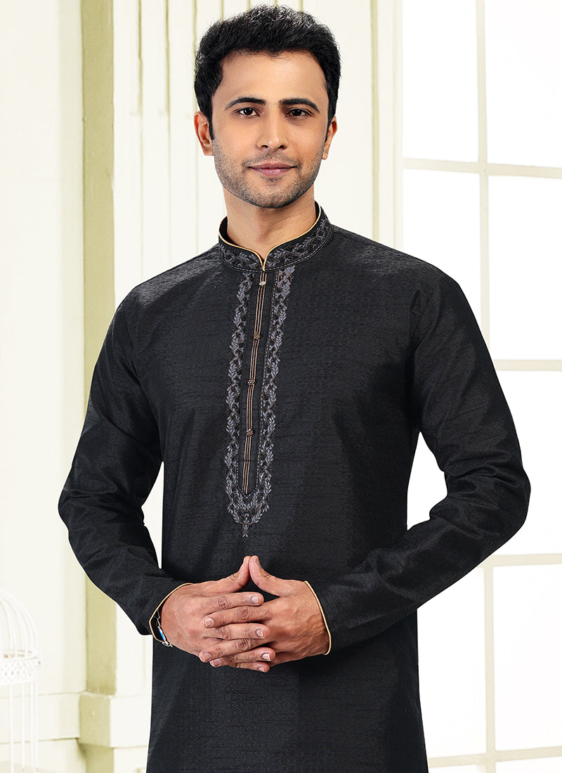 Black Jacquard Banarasi Silk Festival Wear Thread Work Kurta Pajama