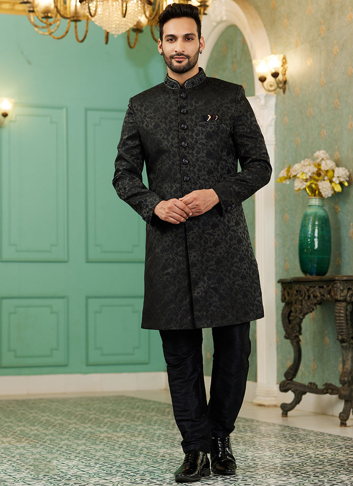 Black Jacquard Silk Wedding Wear Hand Work IndoWestern