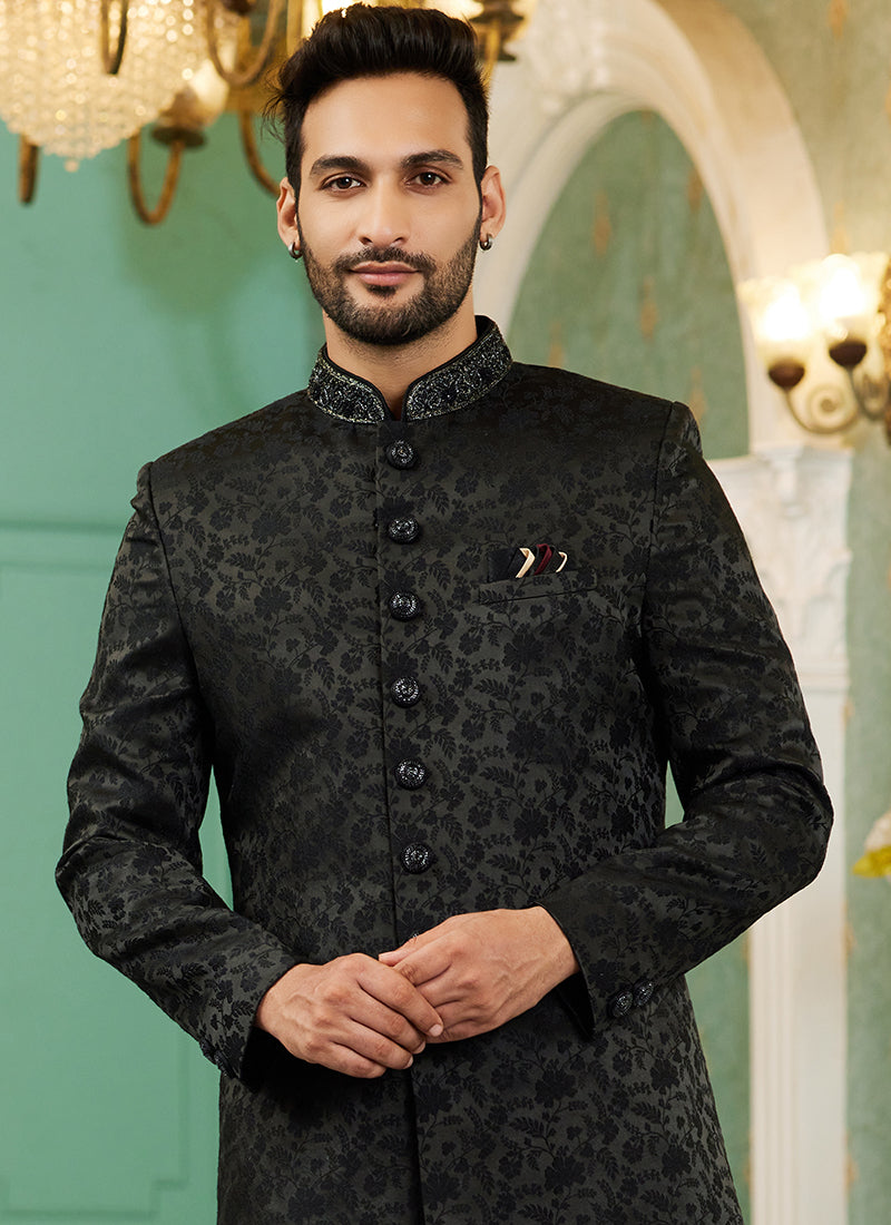 Black Jacquard Silk Wedding Wear Hand Work IndoWestern