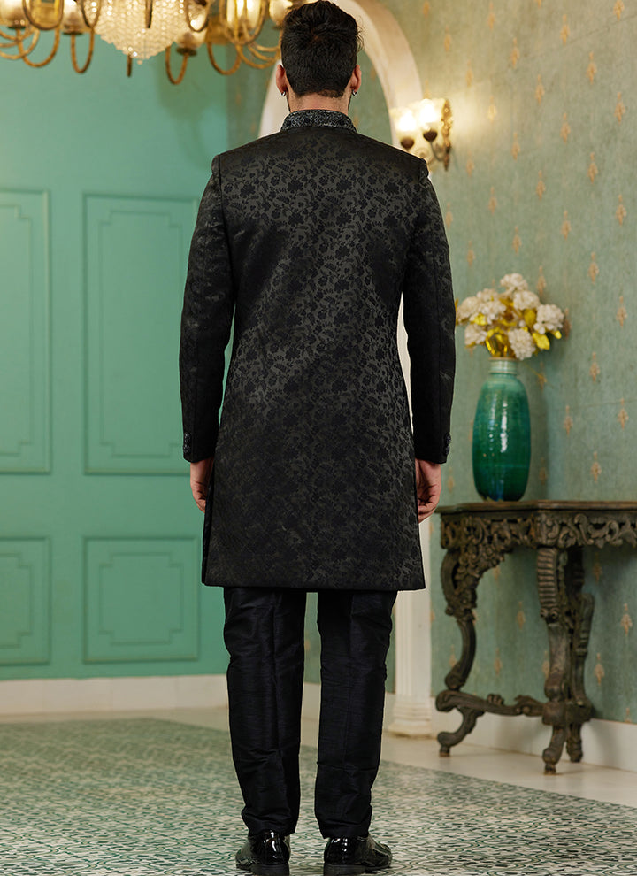 Black Jacquard Silk Wedding Wear Hand Work IndoWestern