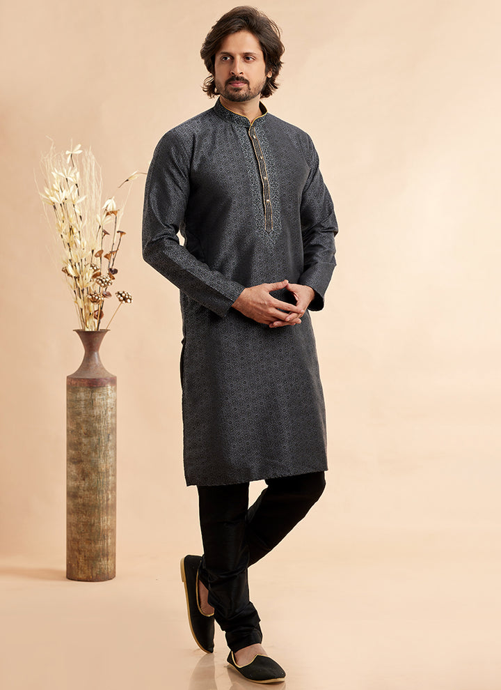 Jacquard Art Silk Black Festival Wear Machine Work Readymade Kurta Pajama